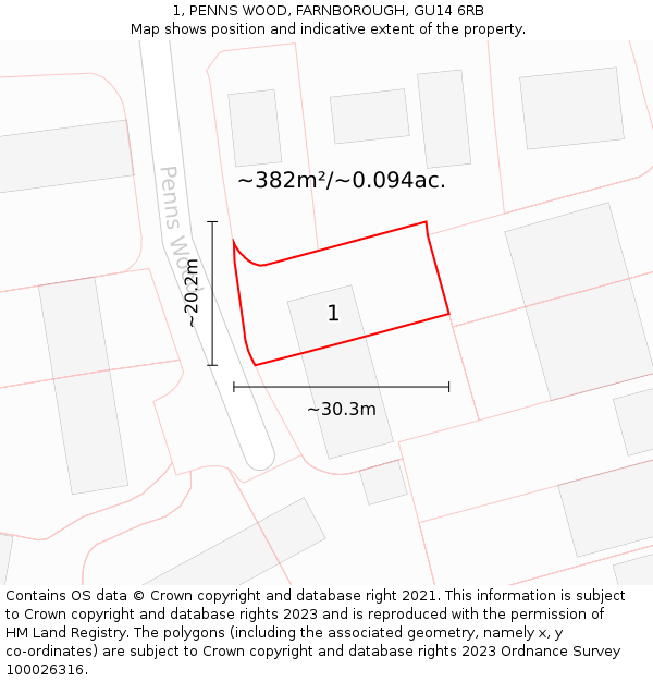 1, PENNS WOOD, FARNBOROUGH, GU14 6RB: Plot and title map