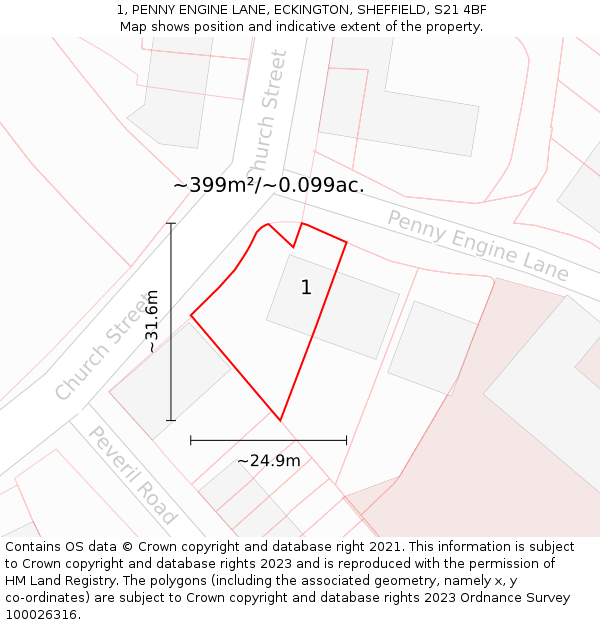 1, PENNY ENGINE LANE, ECKINGTON, SHEFFIELD, S21 4BF: Plot and title map