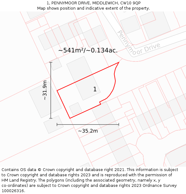 1, PENNYMOOR DRIVE, MIDDLEWICH, CW10 9QP: Plot and title map