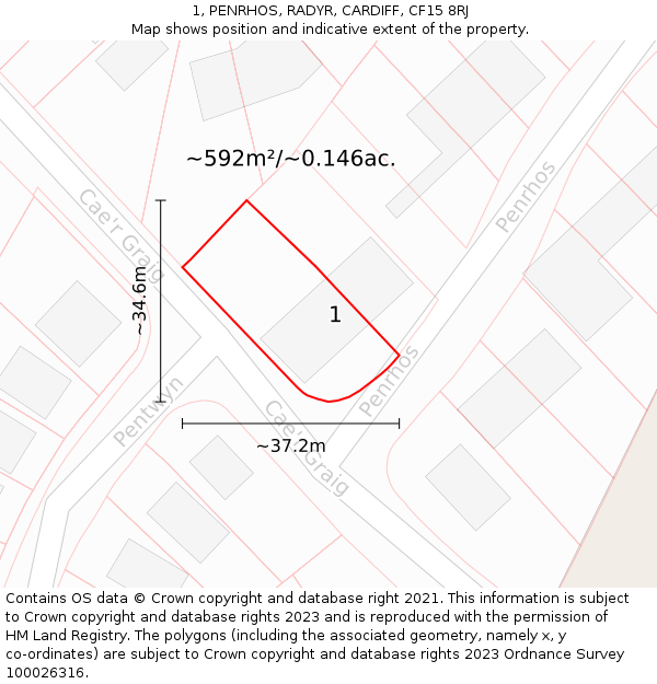 1, PENRHOS, RADYR, CARDIFF, CF15 8RJ: Plot and title map