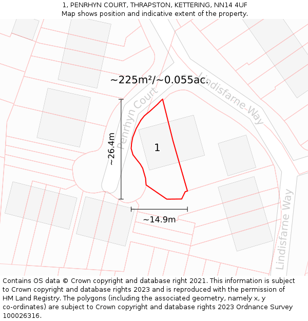 1, PENRHYN COURT, THRAPSTON, KETTERING, NN14 4UF: Plot and title map