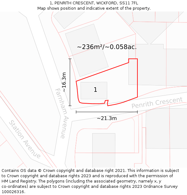 1, PENRITH CRESCENT, WICKFORD, SS11 7FL: Plot and title map