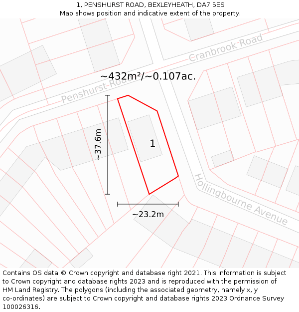 1, PENSHURST ROAD, BEXLEYHEATH, DA7 5ES: Plot and title map