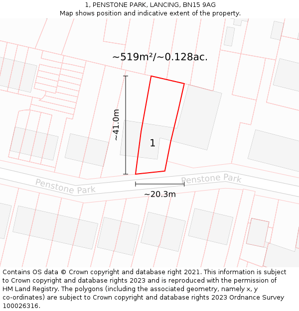 1, PENSTONE PARK, LANCING, BN15 9AG: Plot and title map