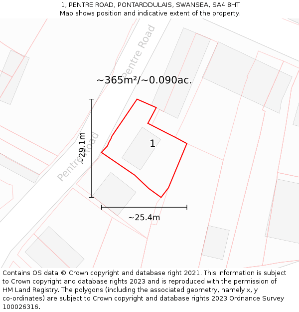 1, PENTRE ROAD, PONTARDDULAIS, SWANSEA, SA4 8HT: Plot and title map