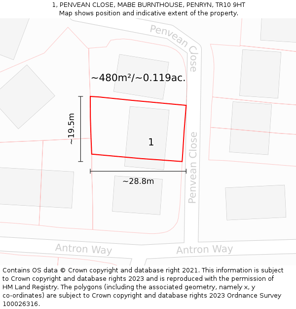 1, PENVEAN CLOSE, MABE BURNTHOUSE, PENRYN, TR10 9HT: Plot and title map