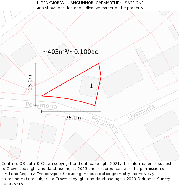 1, PENYMORFA, LLANGUNNOR, CARMARTHEN, SA31 2NP: Plot and title map