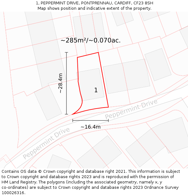 1, PEPPERMINT DRIVE, PONTPRENNAU, CARDIFF, CF23 8SH: Plot and title map