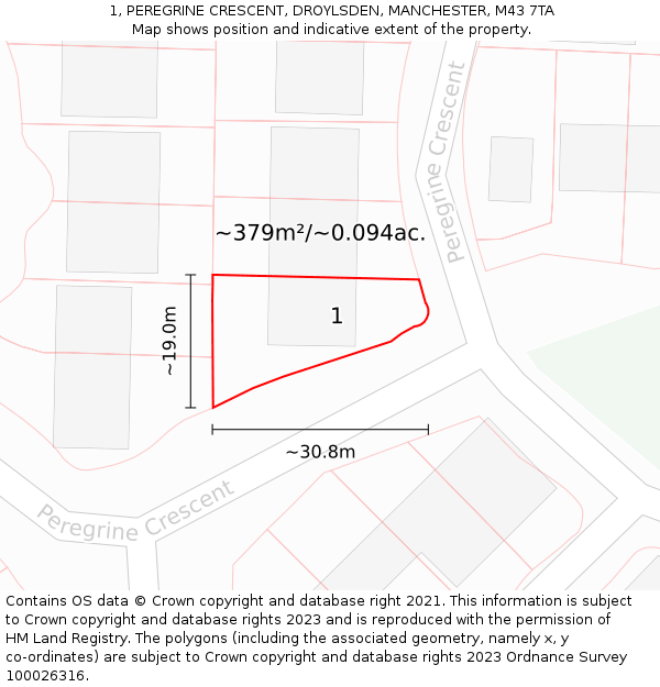 1, PEREGRINE CRESCENT, DROYLSDEN, MANCHESTER, M43 7TA: Plot and title map