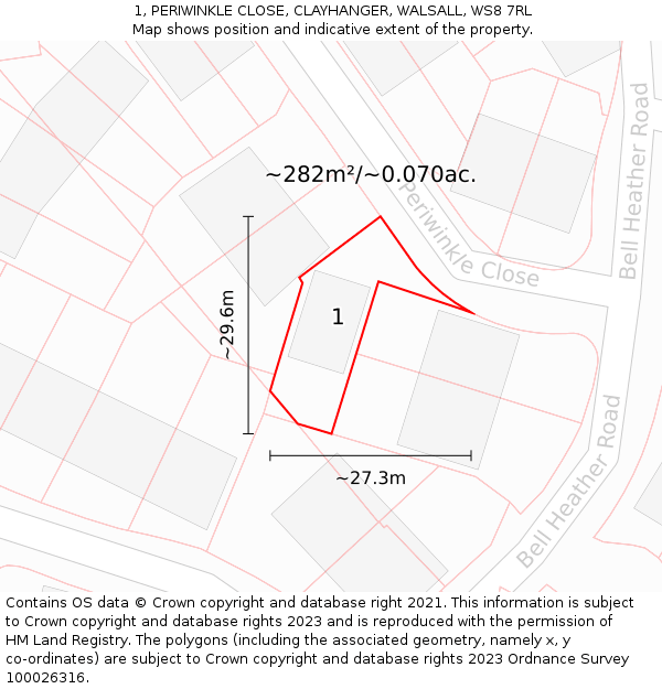 1, PERIWINKLE CLOSE, CLAYHANGER, WALSALL, WS8 7RL: Plot and title map