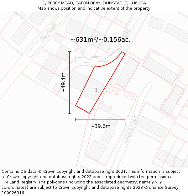 1, PERRY MEAD, EATON BRAY, DUNSTABLE, LU6 2FA: Plot and title map
