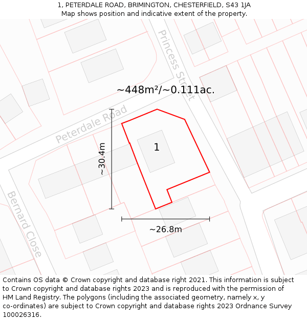 1, PETERDALE ROAD, BRIMINGTON, CHESTERFIELD, S43 1JA: Plot and title map