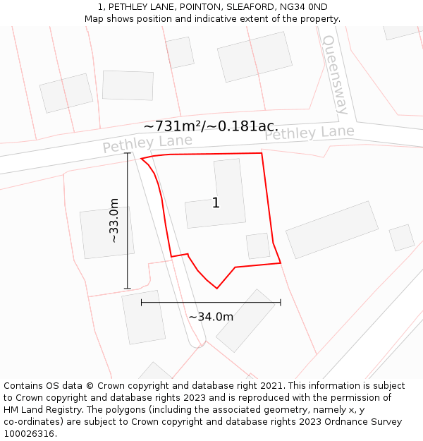 1, PETHLEY LANE, POINTON, SLEAFORD, NG34 0ND: Plot and title map