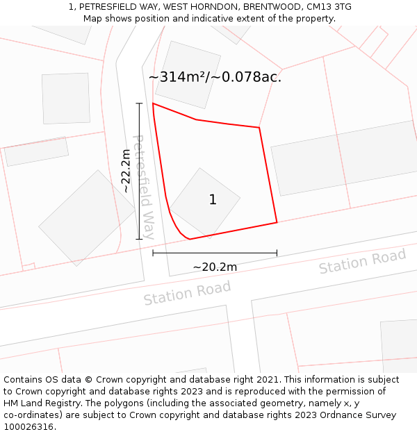 1, PETRESFIELD WAY, WEST HORNDON, BRENTWOOD, CM13 3TG: Plot and title map