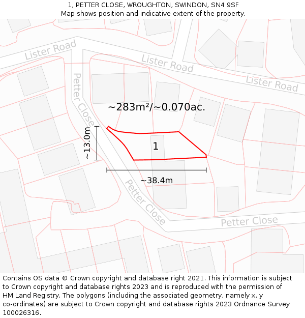 1, PETTER CLOSE, WROUGHTON, SWINDON, SN4 9SF: Plot and title map