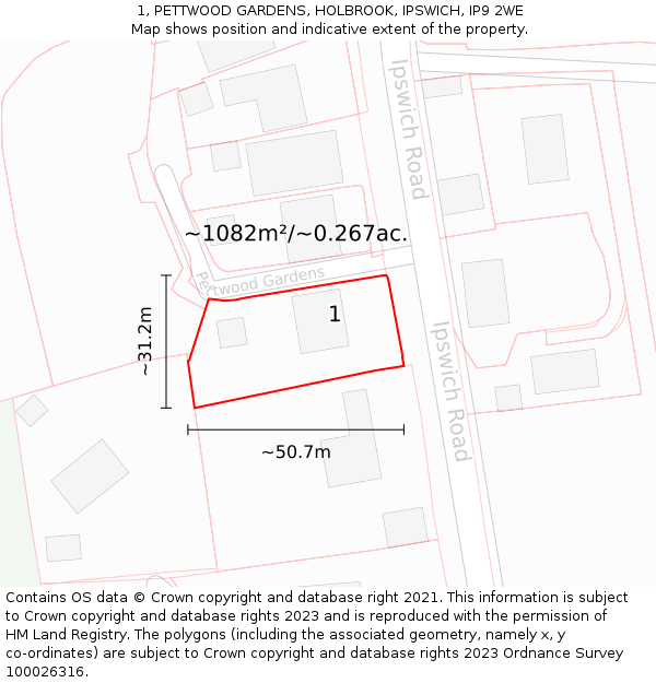 1, PETTWOOD GARDENS, HOLBROOK, IPSWICH, IP9 2WE: Plot and title map