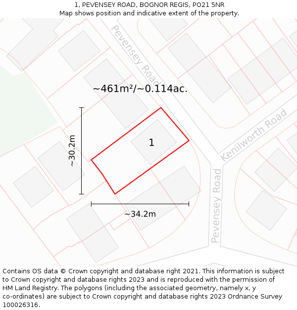 1, PEVENSEY ROAD, BOGNOR REGIS, PO21 5NR: Plot and title map