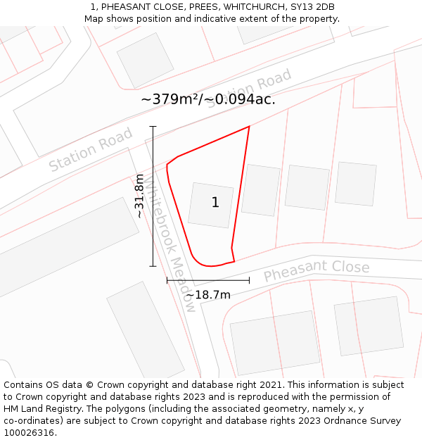 1, PHEASANT CLOSE, PREES, WHITCHURCH, SY13 2DB: Plot and title map