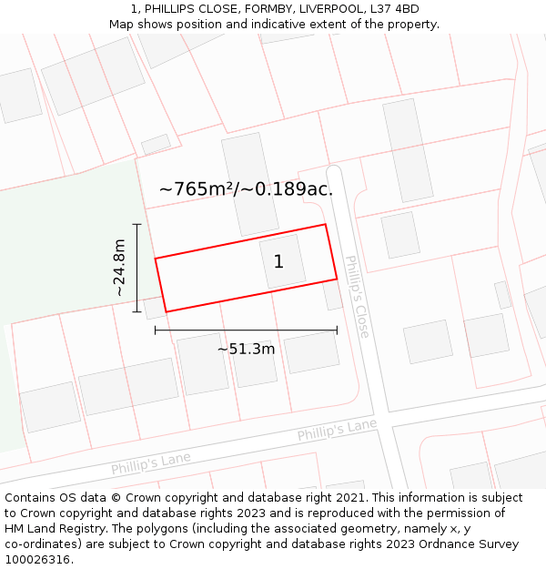 1, PHILLIPS CLOSE, FORMBY, LIVERPOOL, L37 4BD: Plot and title map