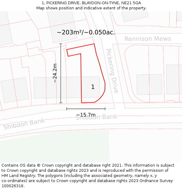 1, PICKERING DRIVE, BLAYDON-ON-TYNE, NE21 5GA: Plot and title map