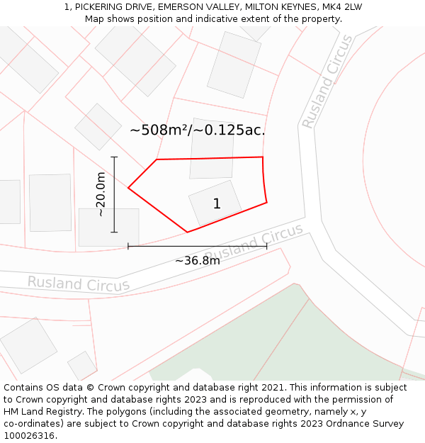 1, PICKERING DRIVE, EMERSON VALLEY, MILTON KEYNES, MK4 2LW: Plot and title map