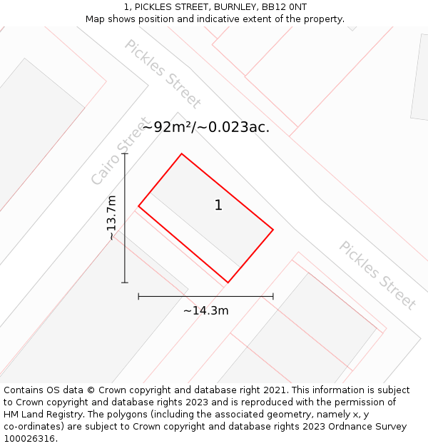 1, PICKLES STREET, BURNLEY, BB12 0NT: Plot and title map