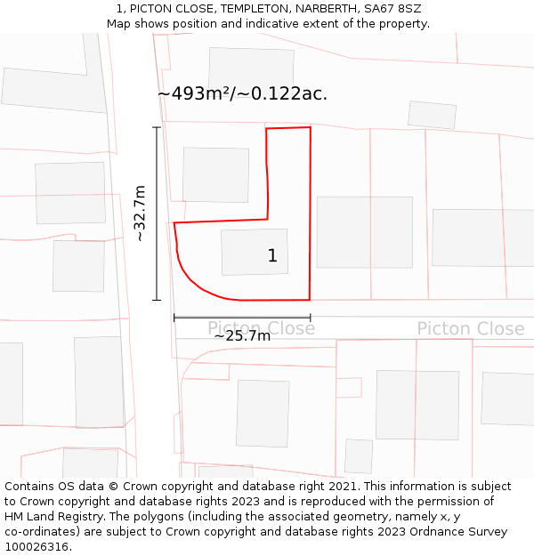 1, PICTON CLOSE, TEMPLETON, NARBERTH, SA67 8SZ: Plot and title map