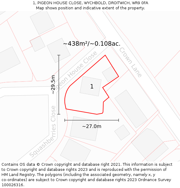 1, PIGEON HOUSE CLOSE, WYCHBOLD, DROITWICH, WR9 0FA: Plot and title map