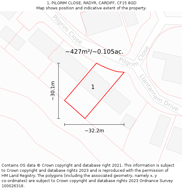 1, PILGRIM CLOSE, RADYR, CARDIFF, CF15 8GD: Plot and title map