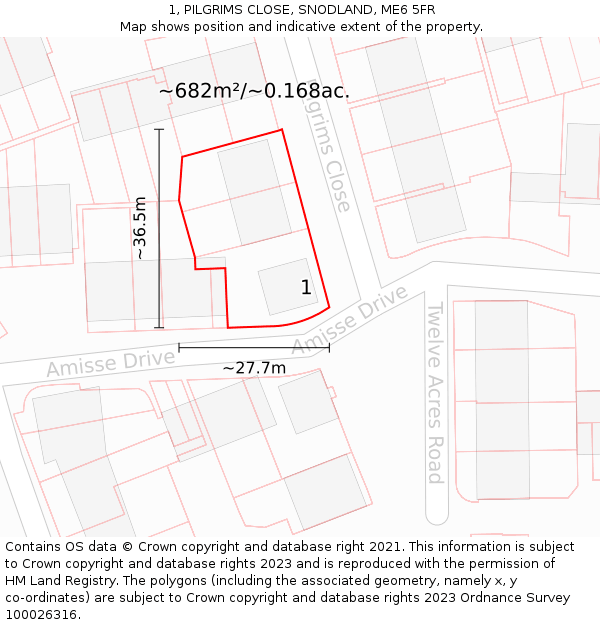 1, PILGRIMS CLOSE, SNODLAND, ME6 5FR: Plot and title map