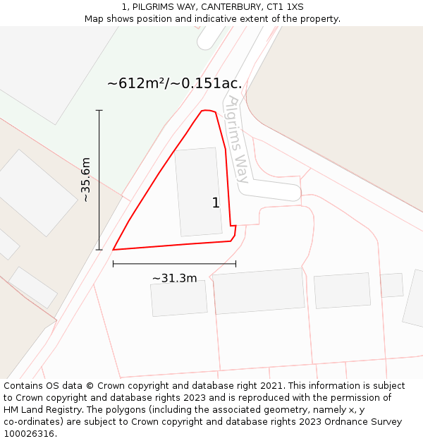 1, PILGRIMS WAY, CANTERBURY, CT1 1XS: Plot and title map