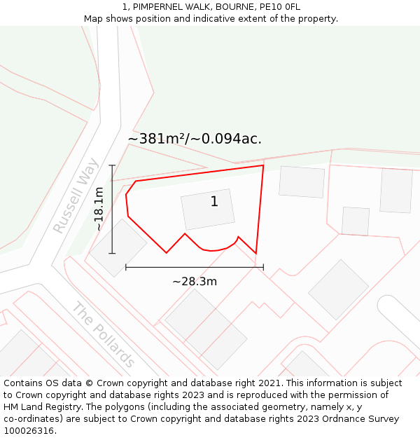 1, PIMPERNEL WALK, BOURNE, PE10 0FL: Plot and title map