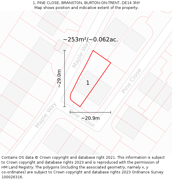 1, PINE CLOSE, BRANSTON, BURTON-ON-TRENT, DE14 3NY: Plot and title map