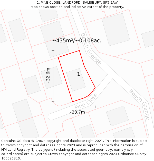 1, PINE CLOSE, LANDFORD, SALISBURY, SP5 2AW: Plot and title map