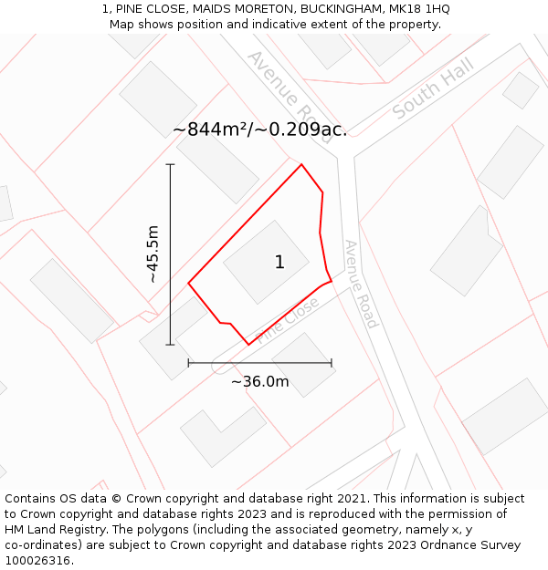 1, PINE CLOSE, MAIDS MORETON, BUCKINGHAM, MK18 1HQ: Plot and title map