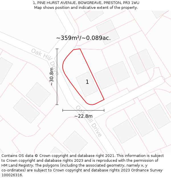1, PINE HURST AVENUE, BOWGREAVE, PRESTON, PR3 1WU: Plot and title map