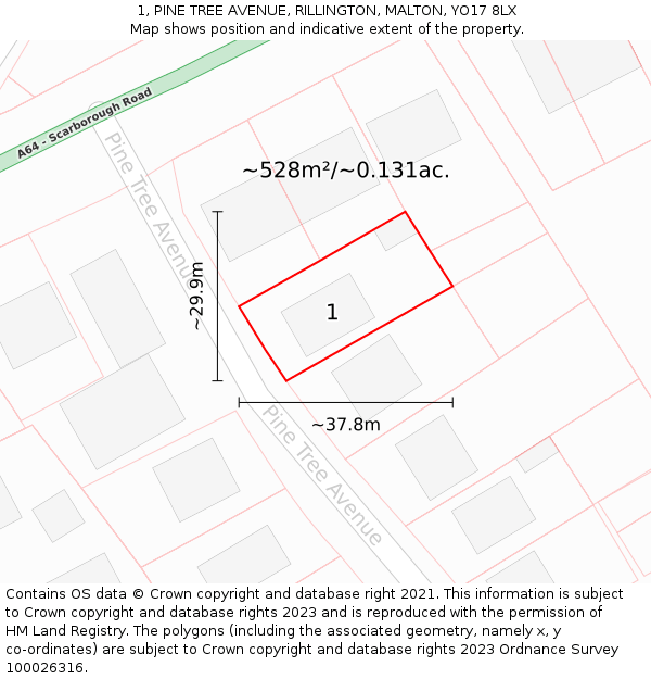 1, PINE TREE AVENUE, RILLINGTON, MALTON, YO17 8LX: Plot and title map