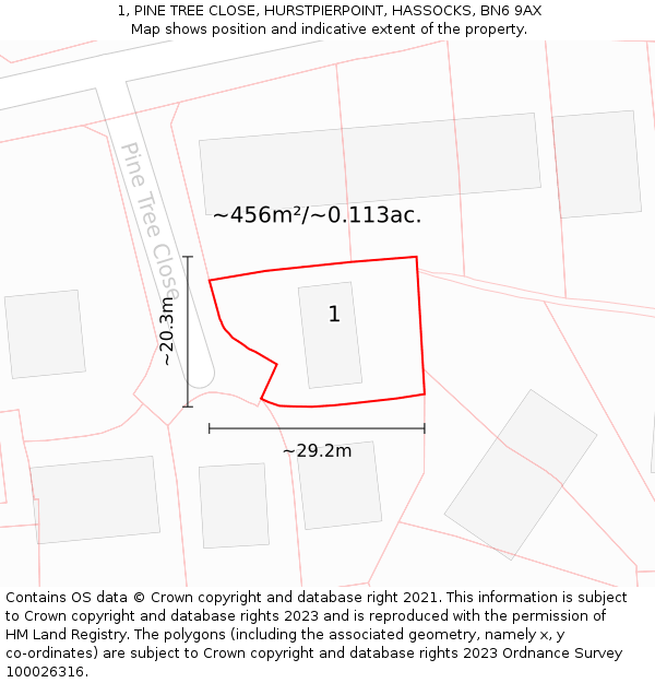 1, PINE TREE CLOSE, HURSTPIERPOINT, HASSOCKS, BN6 9AX: Plot and title map