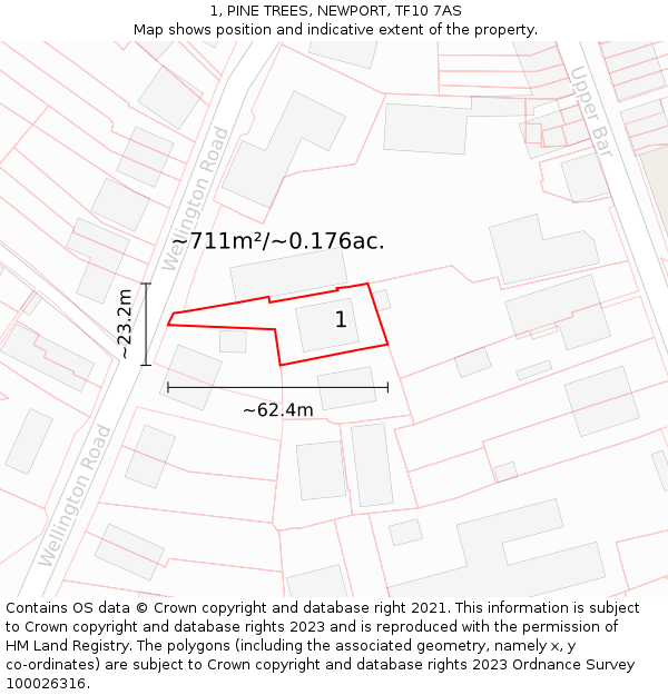 1, PINE TREES, NEWPORT, TF10 7AS: Plot and title map