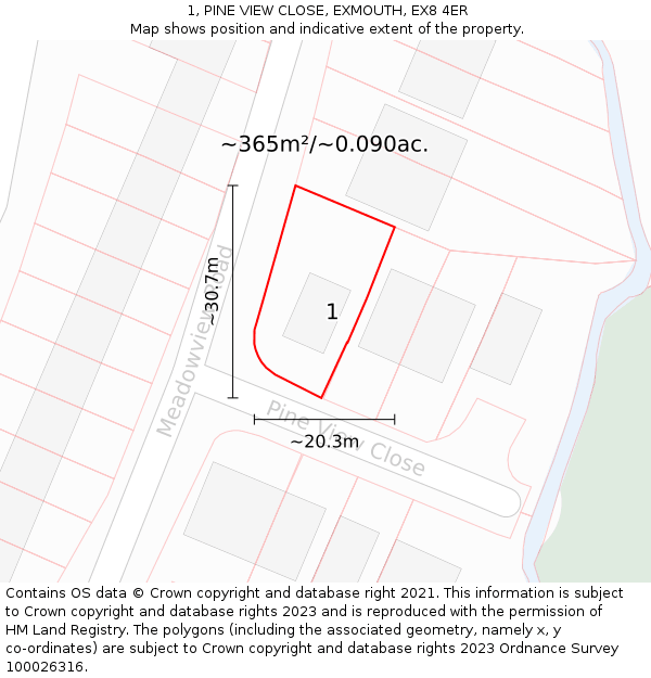 1, PINE VIEW CLOSE, EXMOUTH, EX8 4ER: Plot and title map