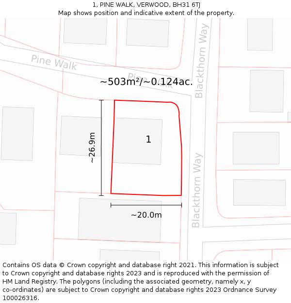 1, PINE WALK, VERWOOD, BH31 6TJ: Plot and title map