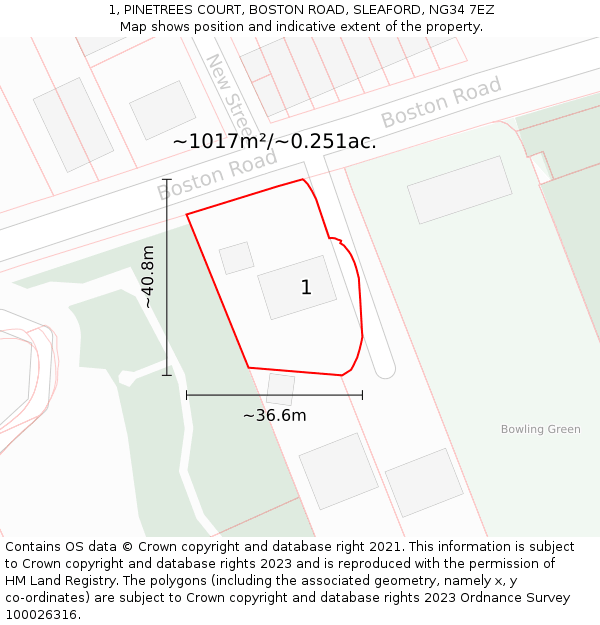 1, PINETREES COURT, BOSTON ROAD, SLEAFORD, NG34 7EZ: Plot and title map