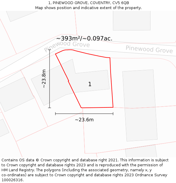 1, PINEWOOD GROVE, COVENTRY, CV5 6QB: Plot and title map