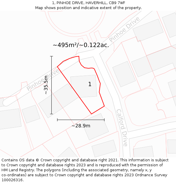 1, PINHOE DRIVE, HAVERHILL, CB9 7WF: Plot and title map