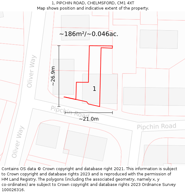 1, PIPCHIN ROAD, CHELMSFORD, CM1 4XT: Plot and title map