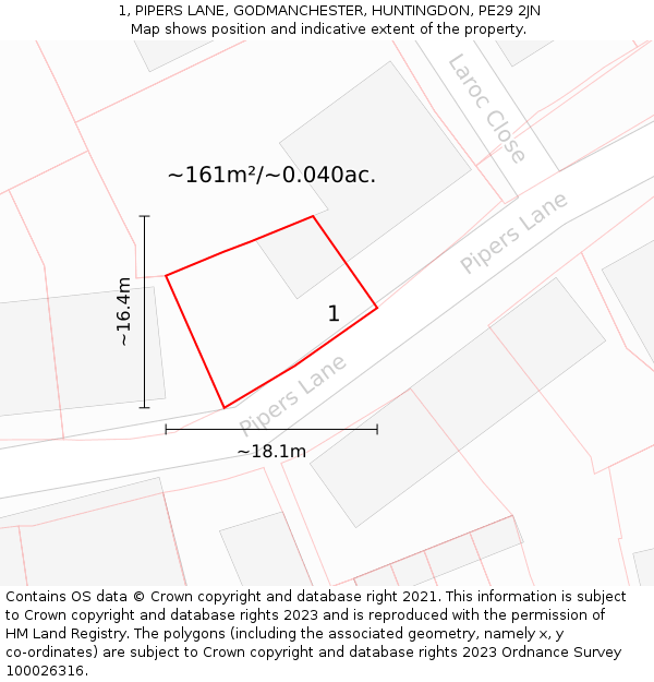 1, PIPERS LANE, GODMANCHESTER, HUNTINGDON, PE29 2JN: Plot and title map