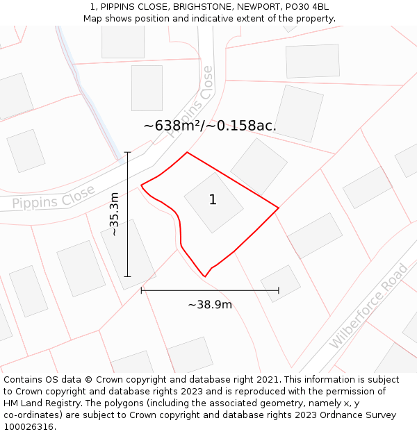 1, PIPPINS CLOSE, BRIGHSTONE, NEWPORT, PO30 4BL: Plot and title map
