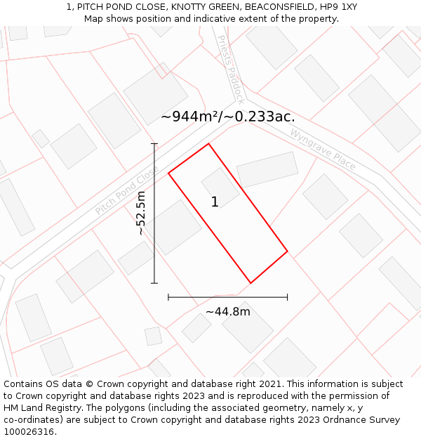 1, PITCH POND CLOSE, KNOTTY GREEN, BEACONSFIELD, HP9 1XY: Plot and title map