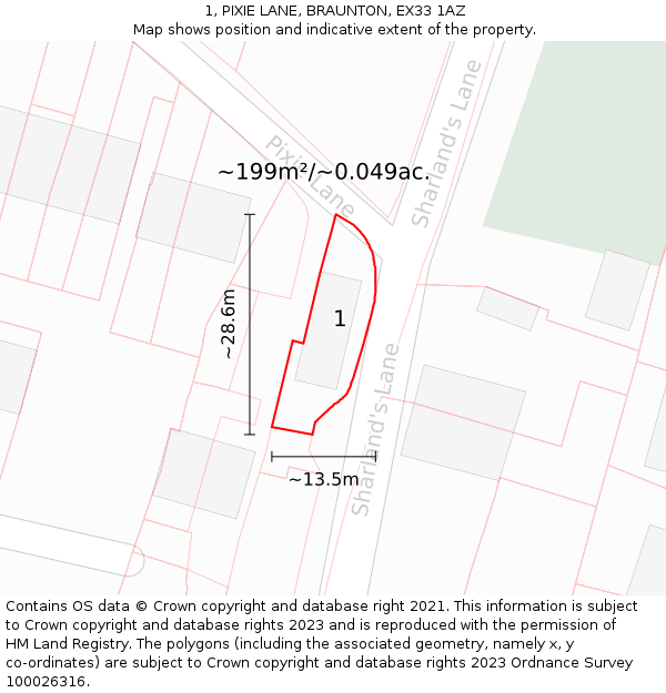 1, PIXIE LANE, BRAUNTON, EX33 1AZ: Plot and title map