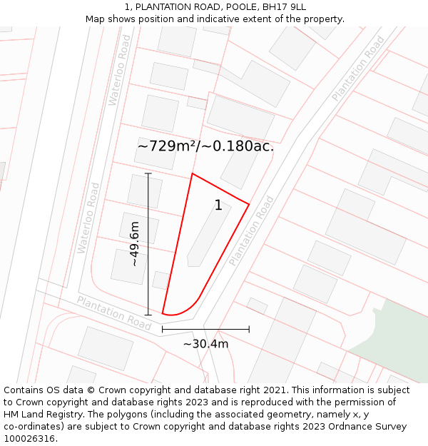 1, PLANTATION ROAD, POOLE, BH17 9LL: Plot and title map